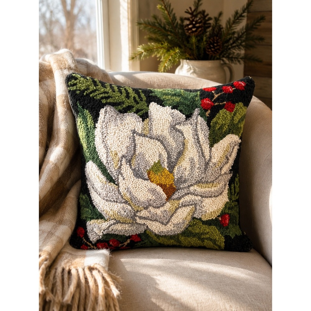 Peking Handicraft Magnolia Hooked Wool Throw Pillow 18x18 Decor